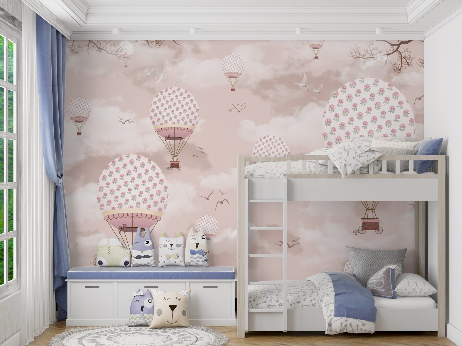 Fototapet cerul roz este decorat cu baloane