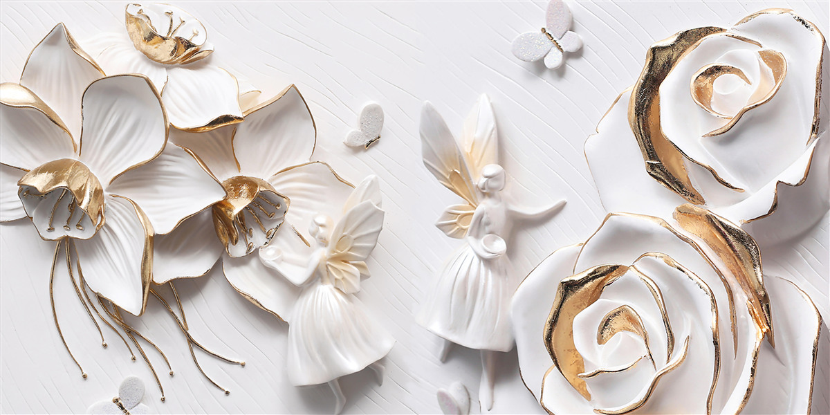 Fototapet fluturi și aur pe un fundal de flori albe