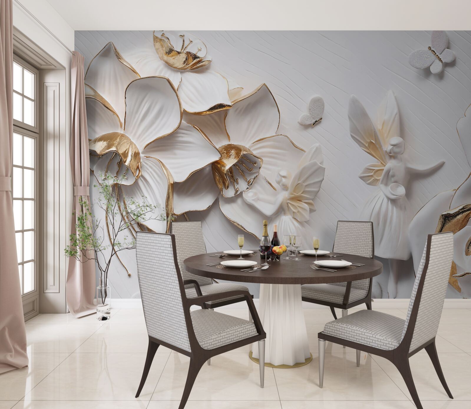 Fototapet fluturi și aur pe un fundal de flori albe