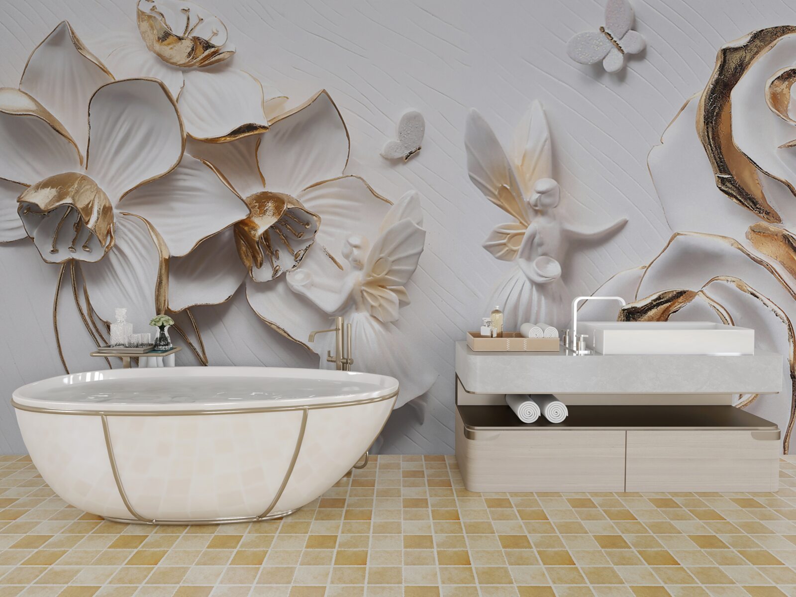 Fototapet fluturi și aur pe un fundal de flori albe