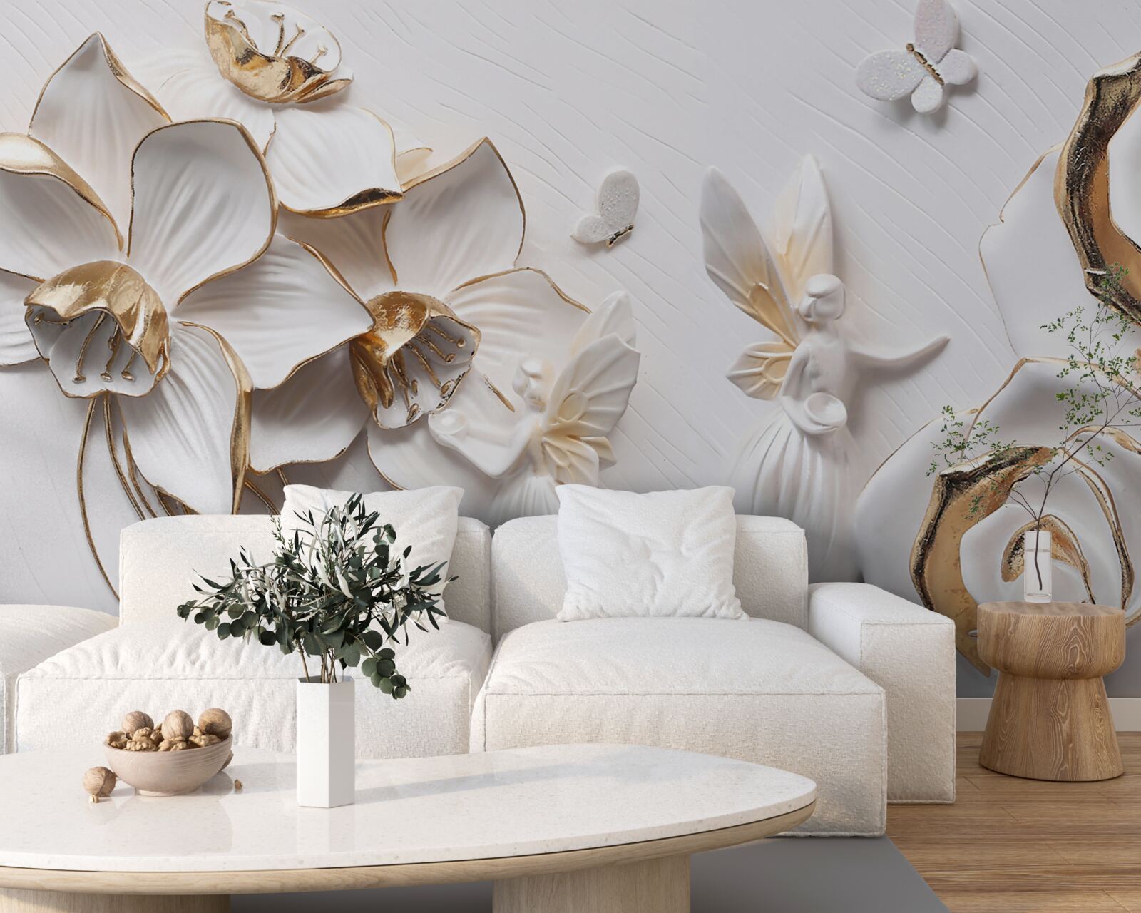 Fototapet fluturi și aur pe un fundal de flori albe