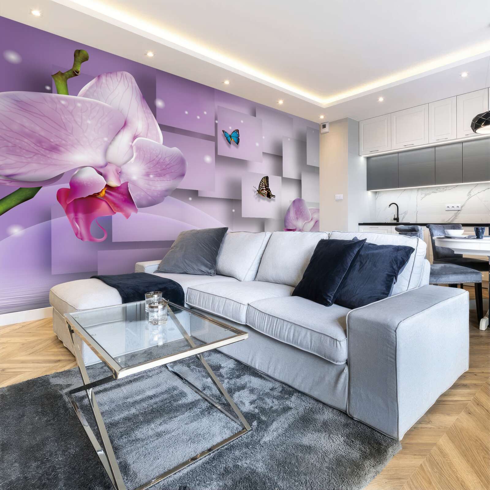 Fototapet orhidee liliac și fluturi aranjați pe un model geometric