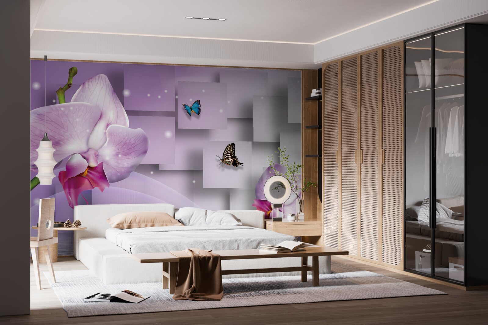 Fototapet orhidee liliac și fluturi aranjați pe un model geometric