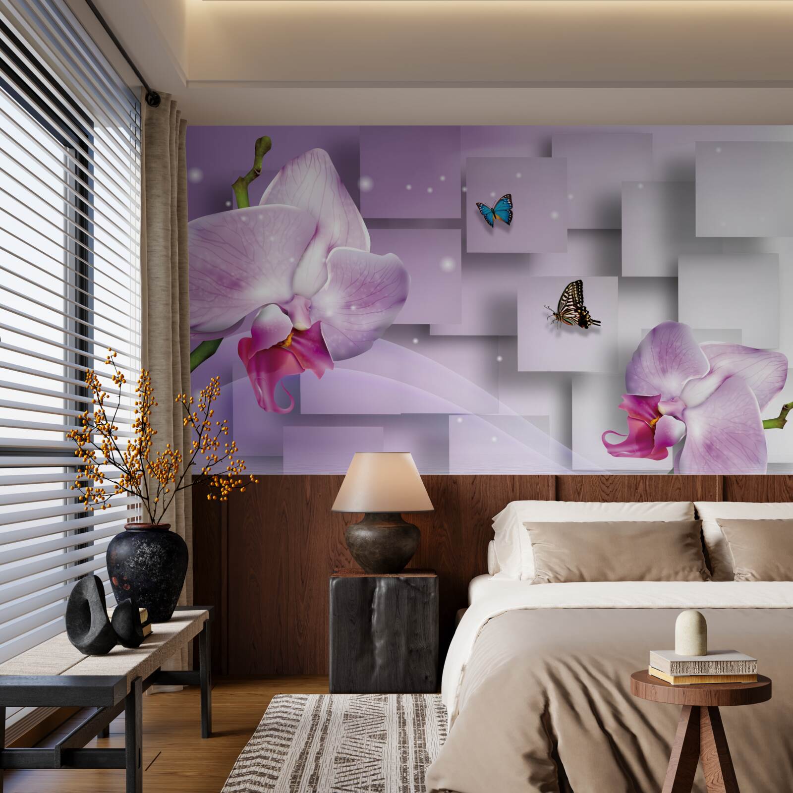 Fototapet orhidee liliac și fluturi aranjați pe un model geometric