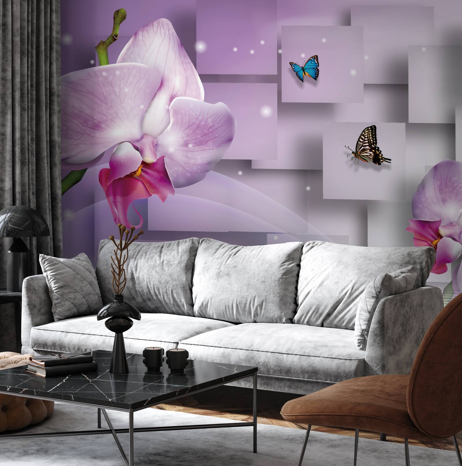 Fototapet orhidee liliac și fluturi aranjați pe un model geometric