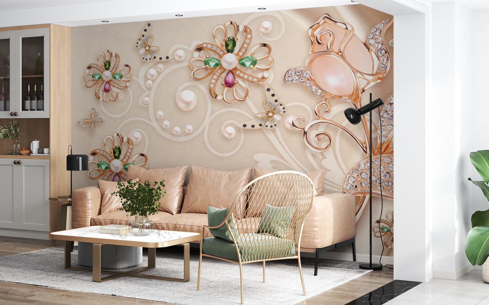 Fototapet pietre prețioase în formă de flori și frunze