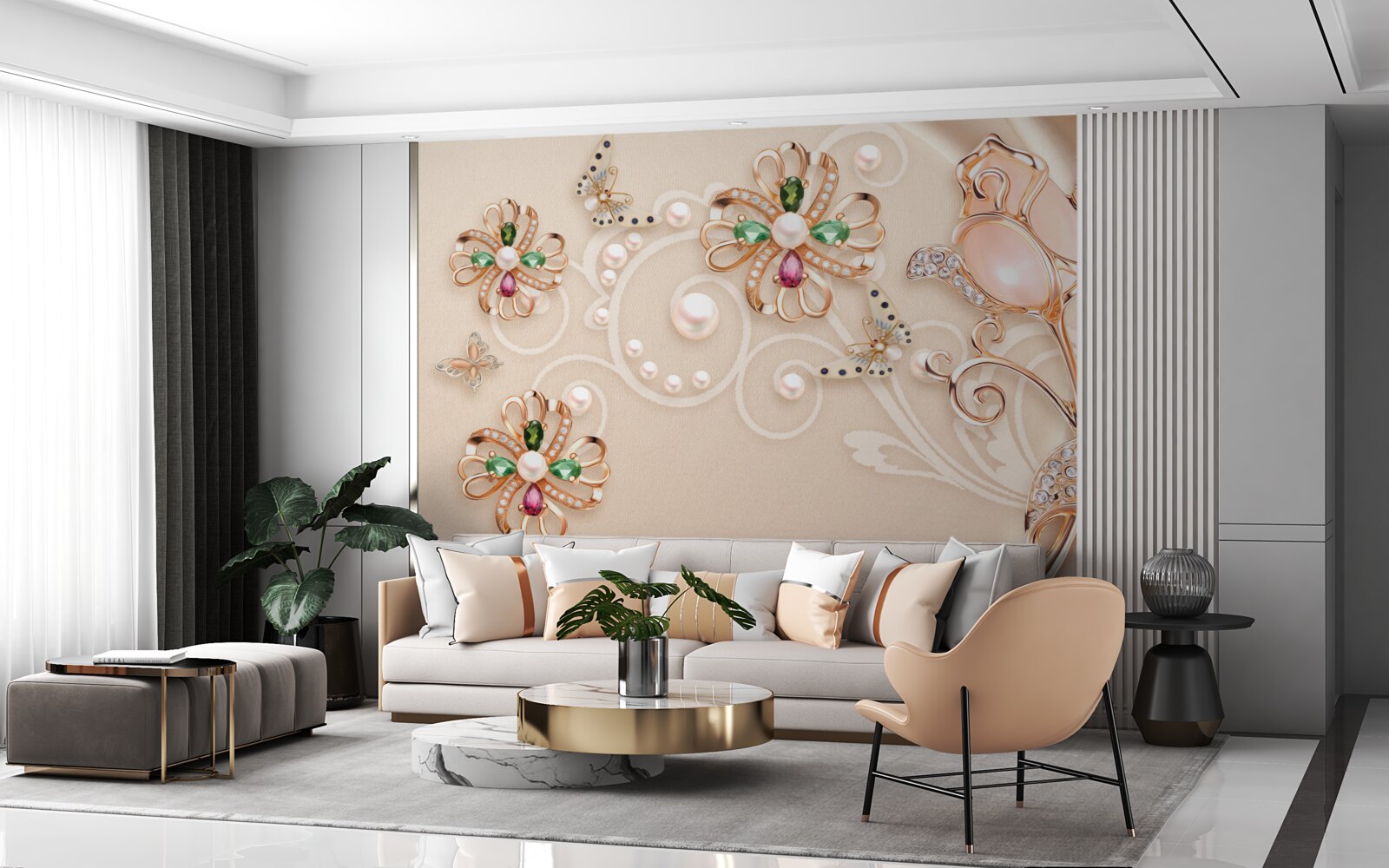 Fototapet pietre prețioase în formă de flori și frunze