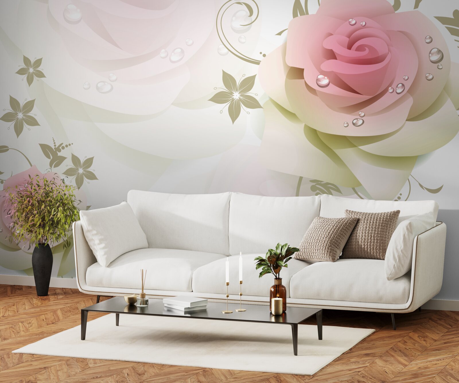 Fototapet muguri subțiri roz cu picături perlate