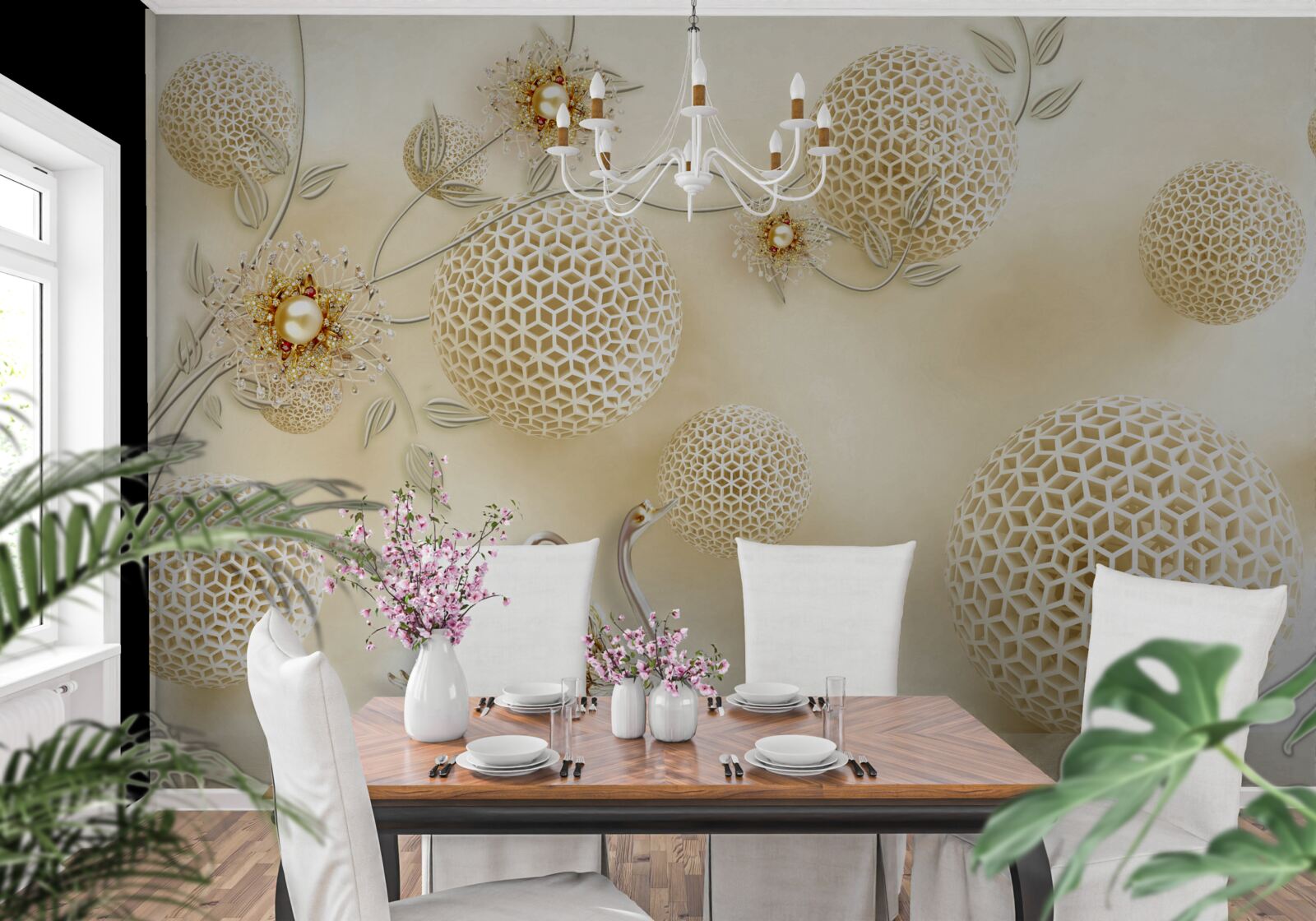 Fototapet Lebedele alunecă pe cer și florile se subțiază ca bronzul