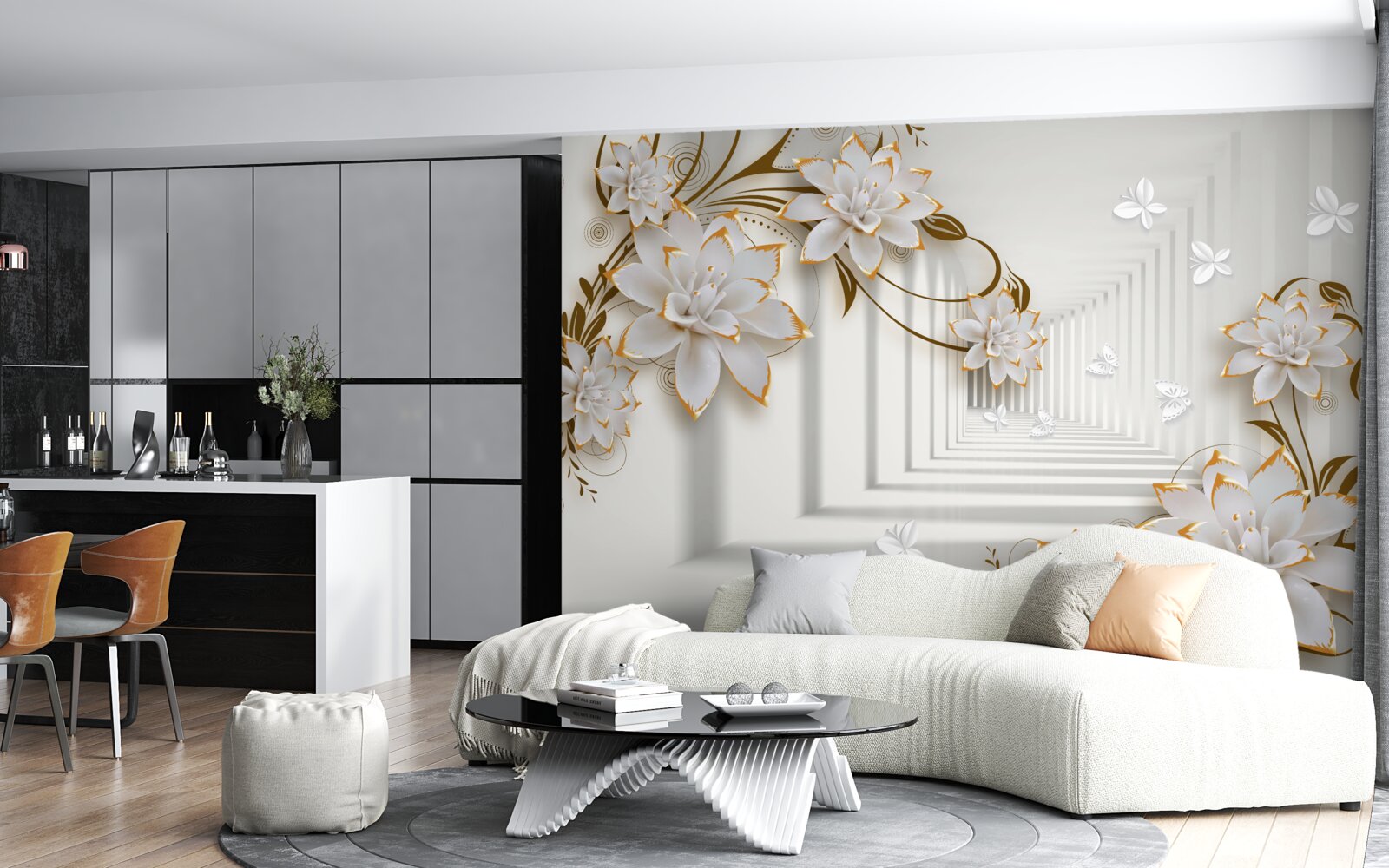 Fototapet decorațiuni aurii pe lotusuri albe în hol