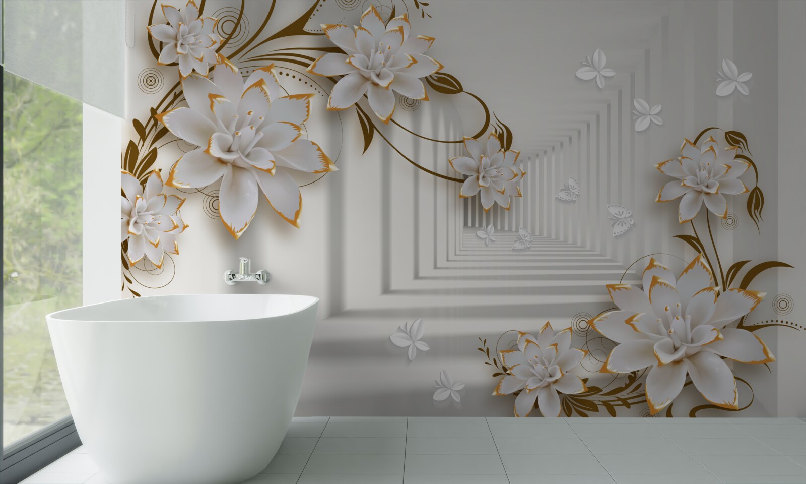 Fototapet decorațiuni aurii pe lotusuri albe în hol