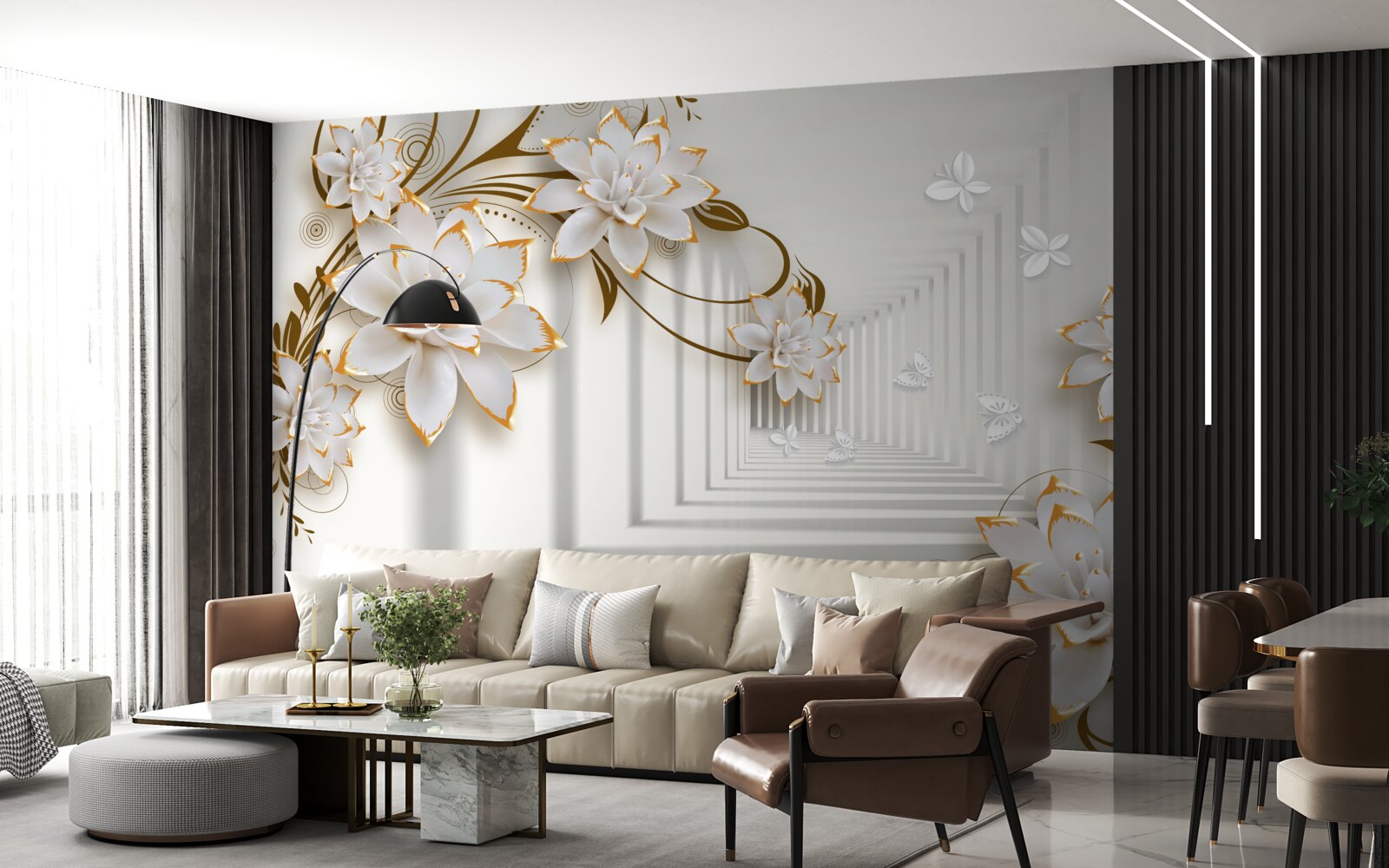 Fototapet decorațiuni aurii pe lotusuri albe în hol