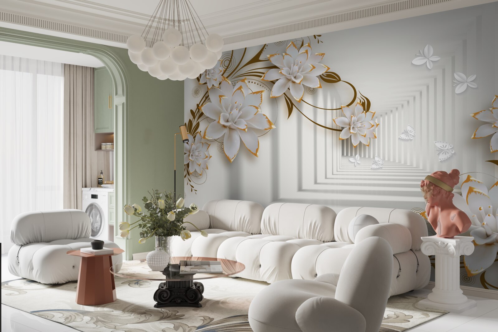 Fototapet decorațiuni aurii pe lotusuri albe în hol