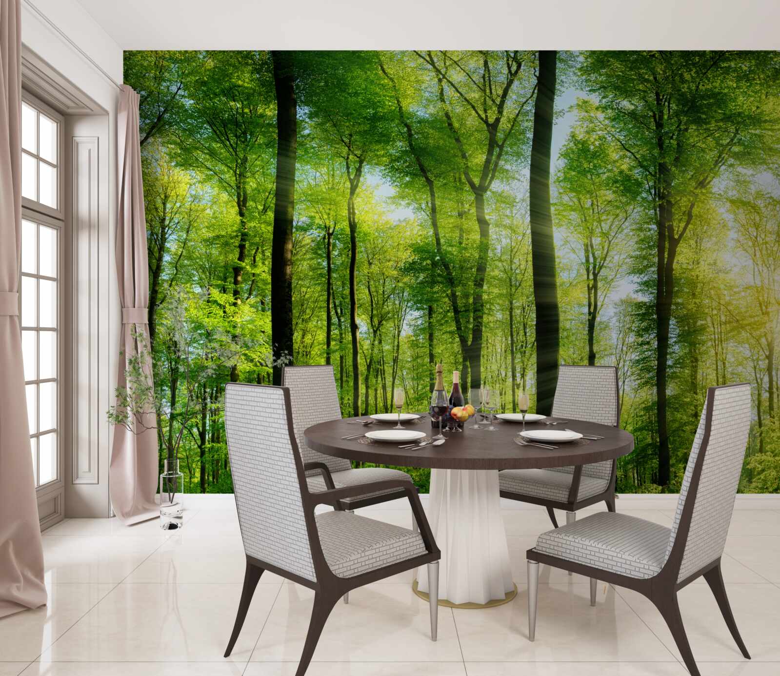 Fototapet razele soarelui pătrund în frunzele copacilor