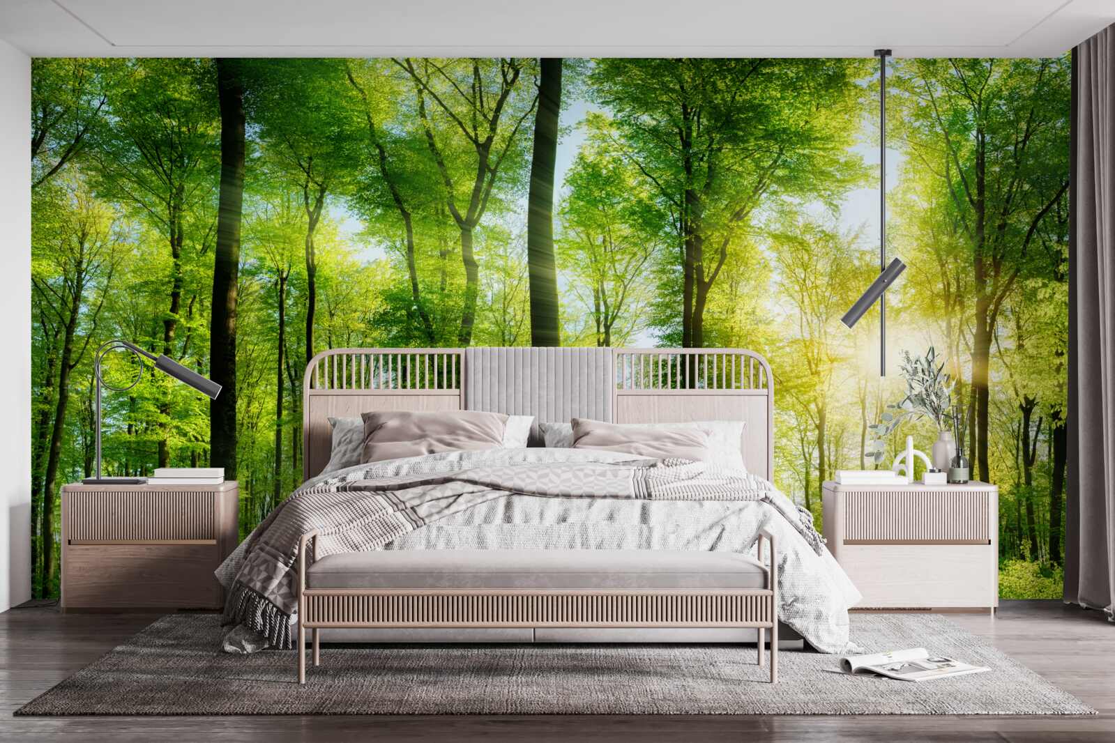 Fototapet razele soarelui pătrund în frunzele copacilor