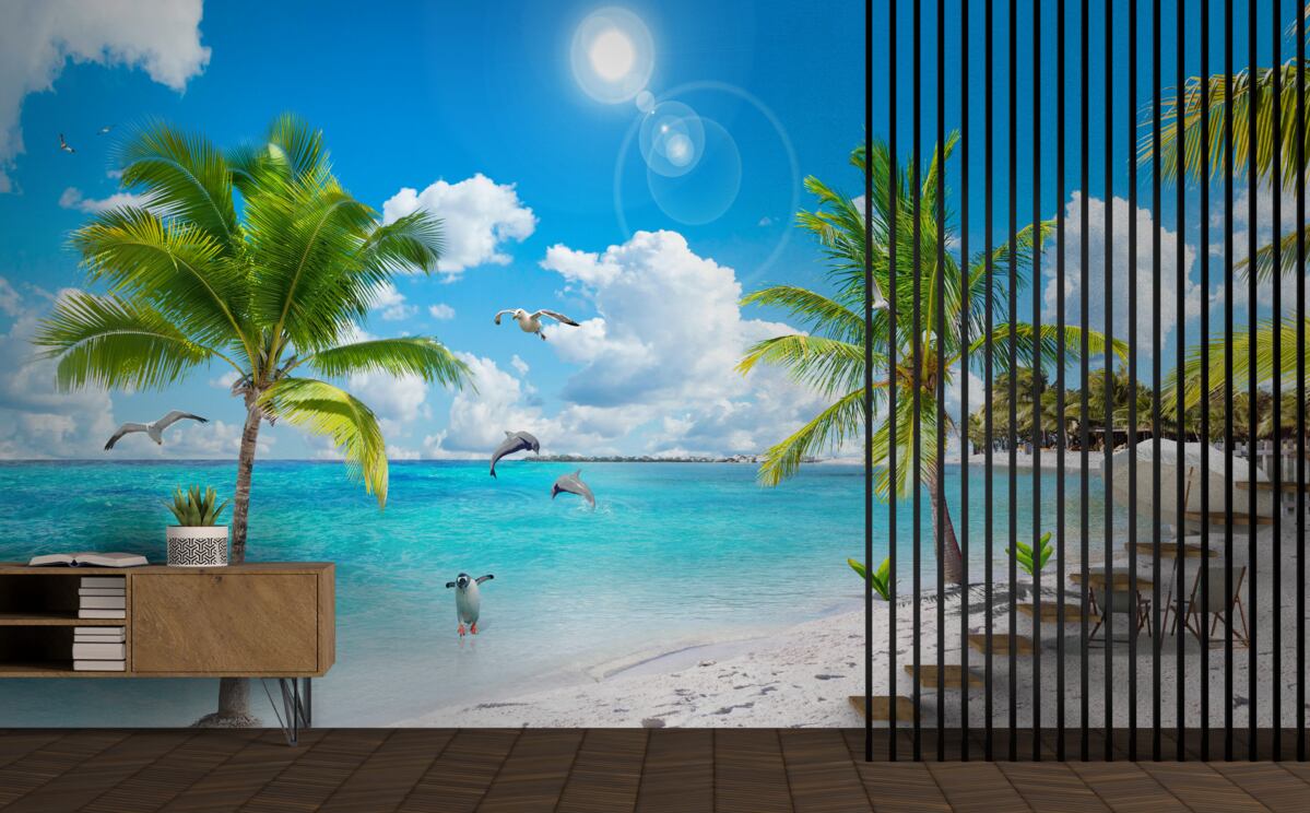 Fototapet plajă cu nisip și palmieri