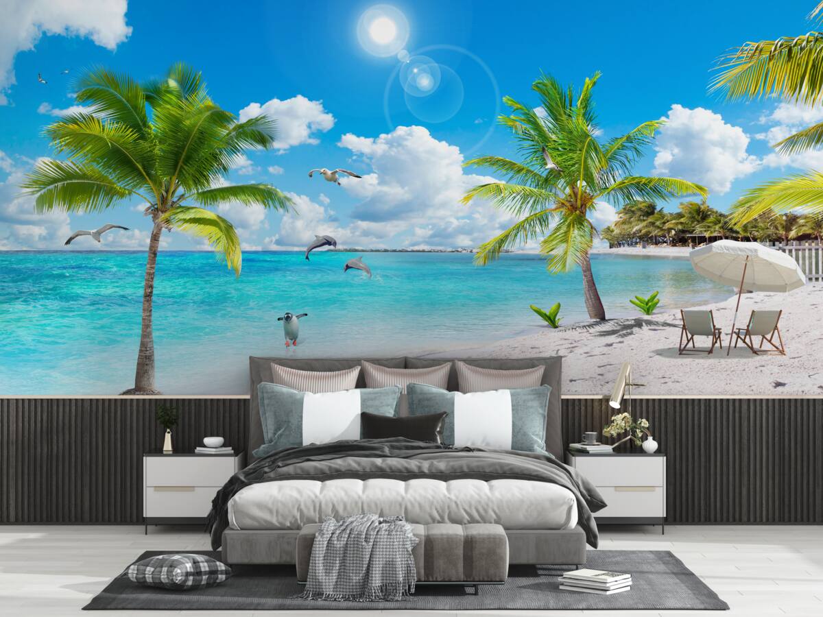 Fototapet plajă cu nisip și palmieri