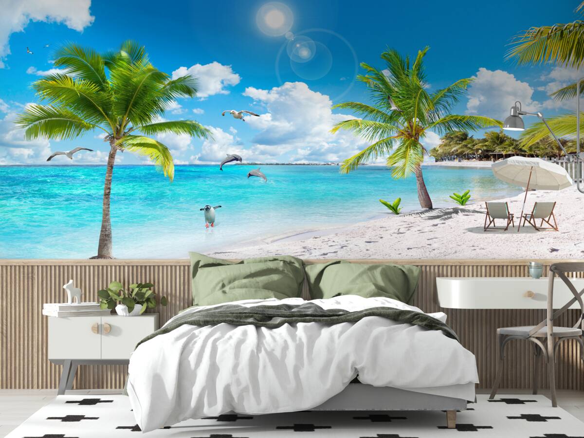 Fototapet plajă cu nisip și palmieri