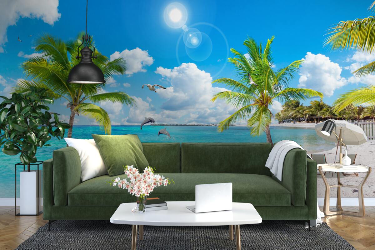 Fototapet plajă cu nisip și palmieri