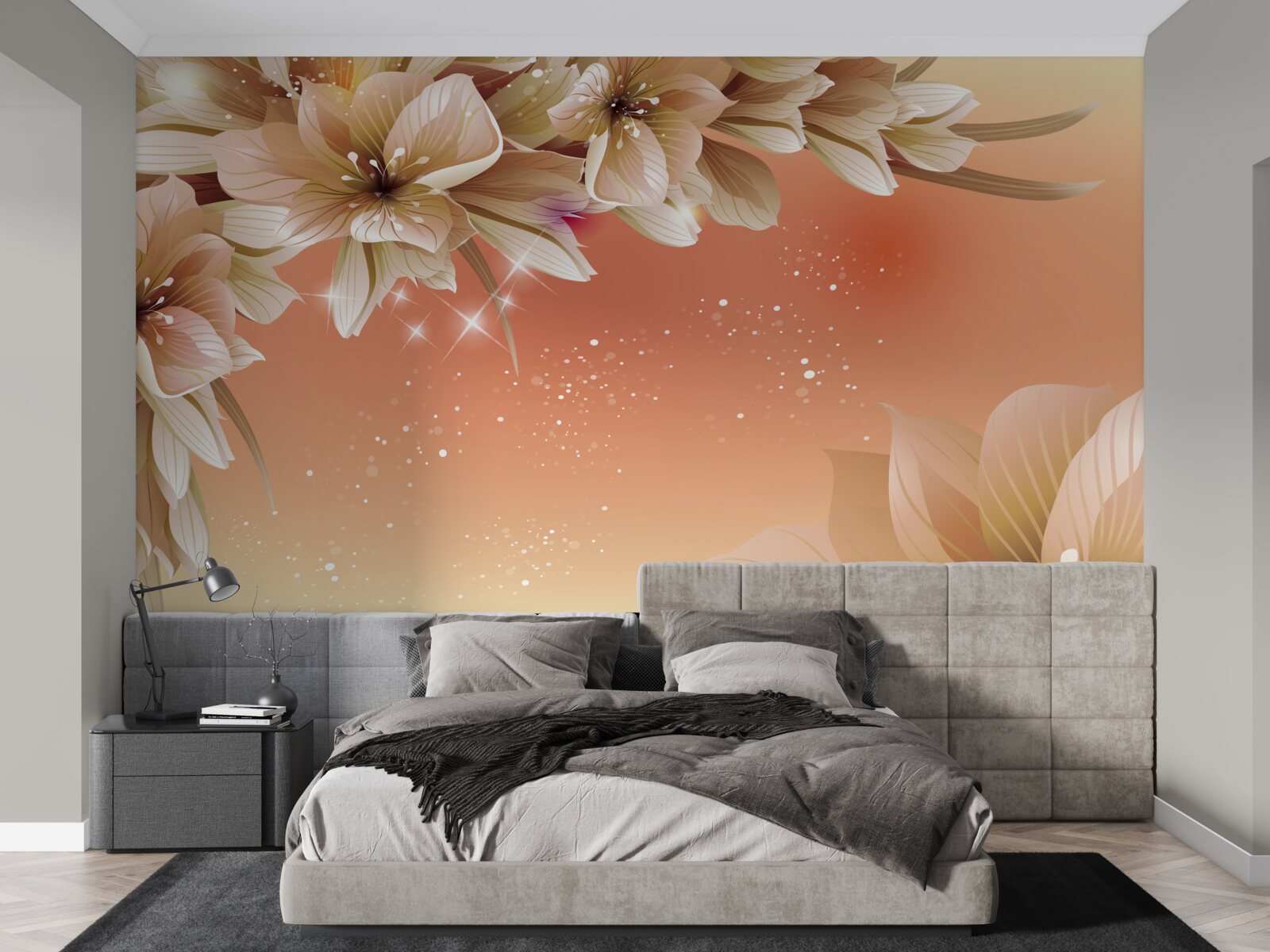 Fototapet flori albe care înfloresc pe o ramură pe un fundal de apus de soare