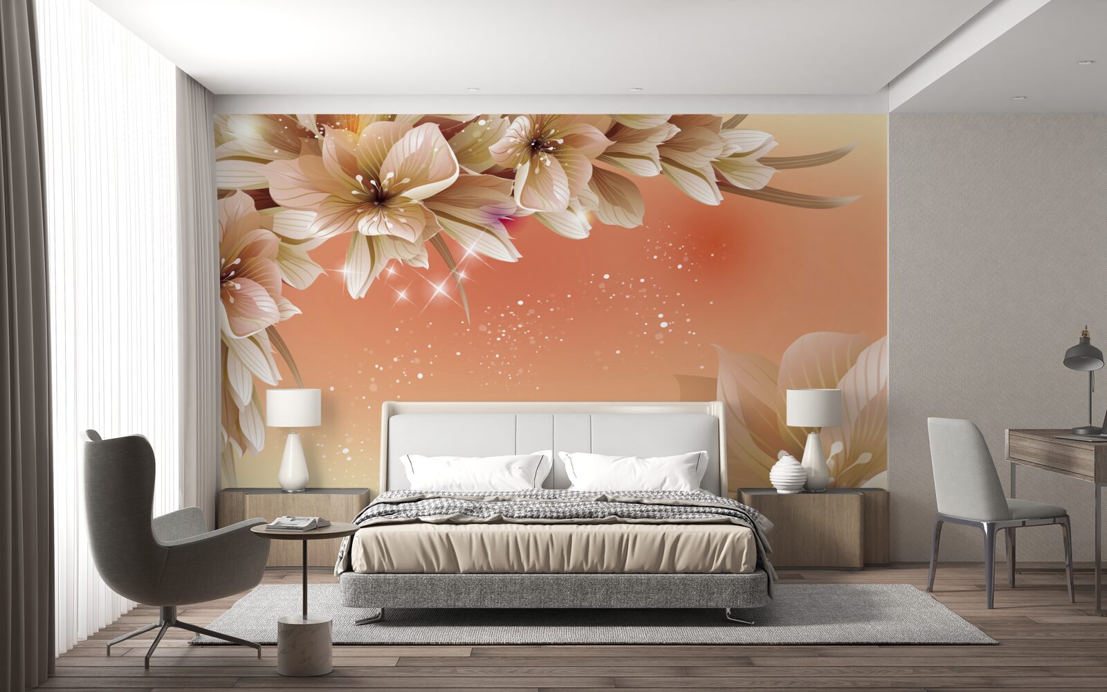 Fototapet flori albe care înfloresc pe o ramură pe un fundal de apus de soare