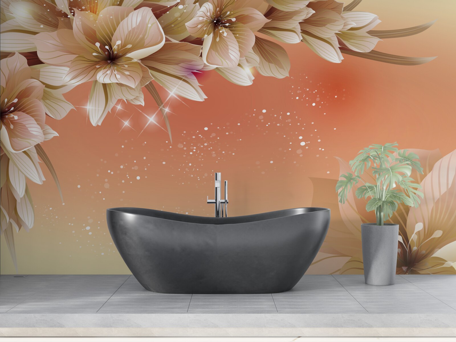 Fototapet flori albe care înfloresc pe o ramură pe un fundal de apus de soare