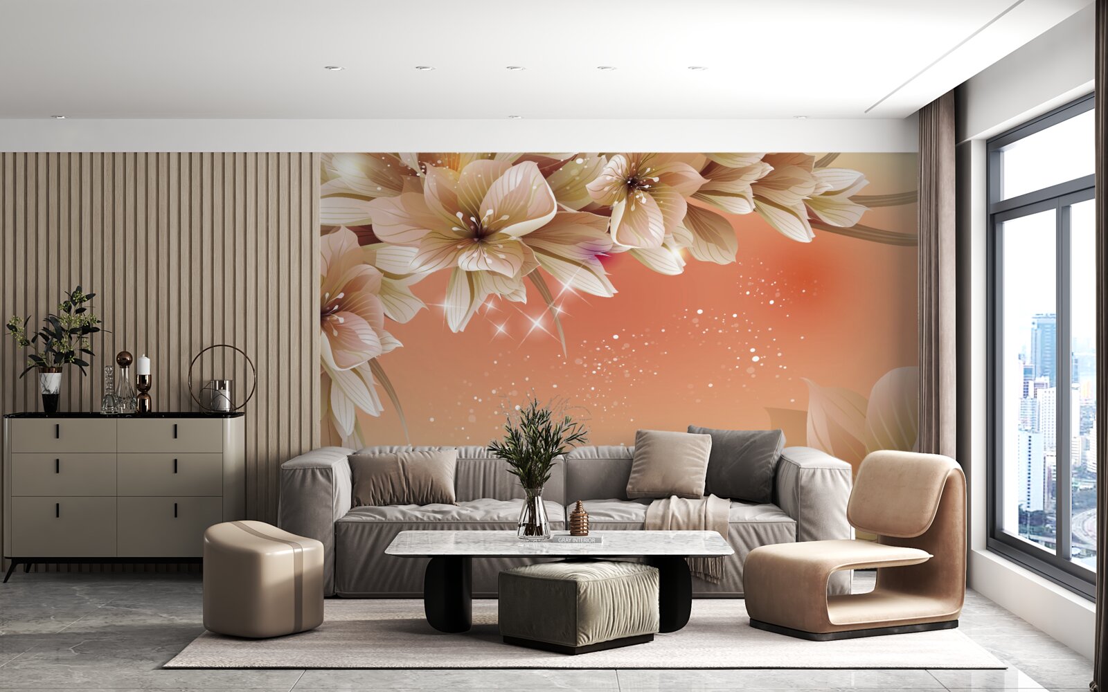 Fototapet flori albe care înfloresc pe o ramură pe un fundal de apus de soare