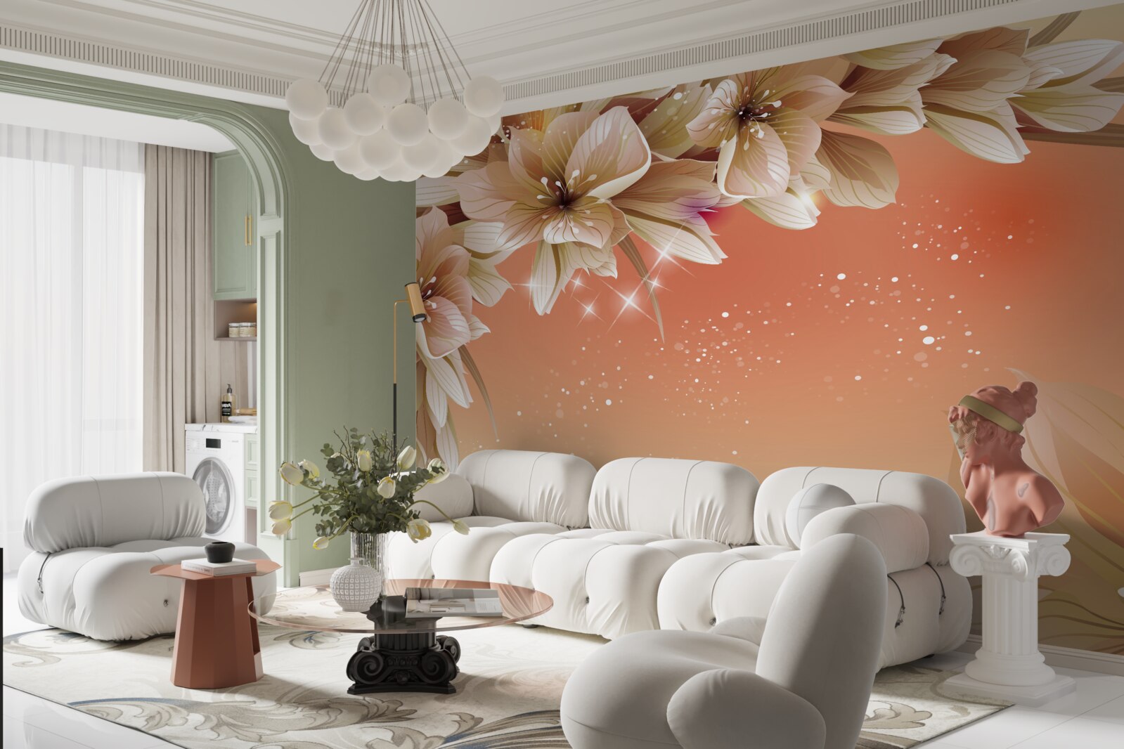 Fototapet flori albe care înfloresc pe o ramură pe un fundal de apus de soare