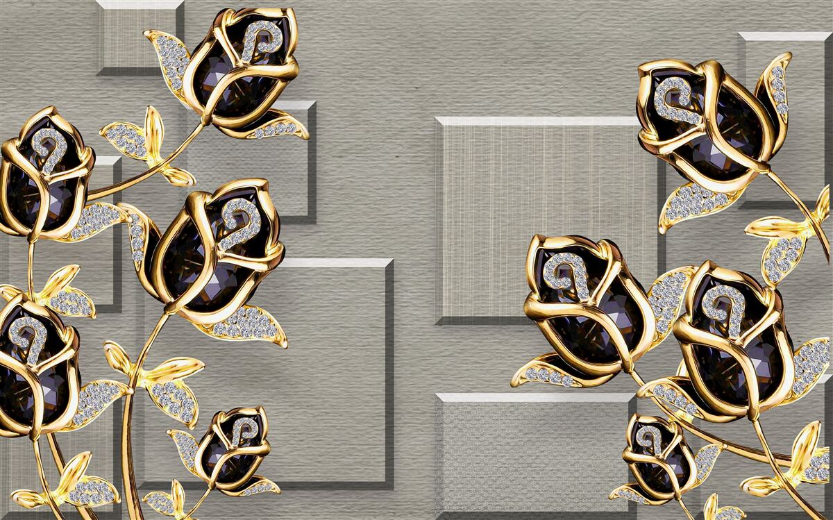 Fototapet trandafiri negri cu ramă aurie