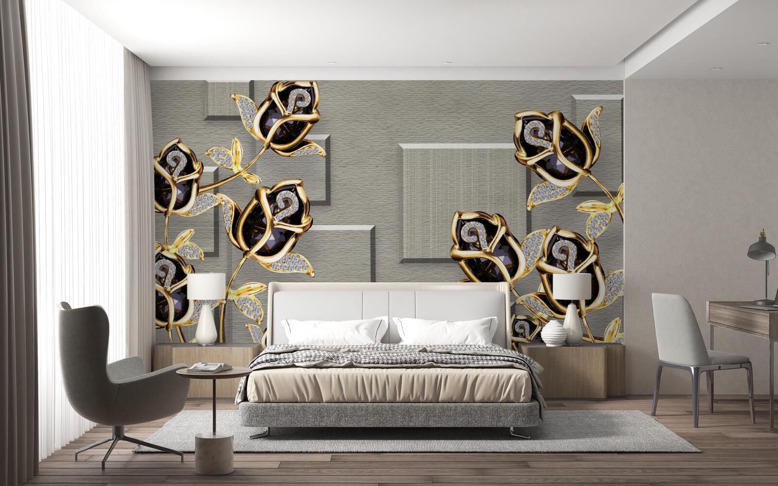 Fototapet trandafiri negri cu ramă aurie