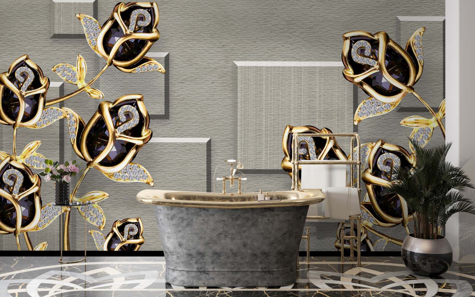 Fototapet trandafiri negri cu ramă aurie