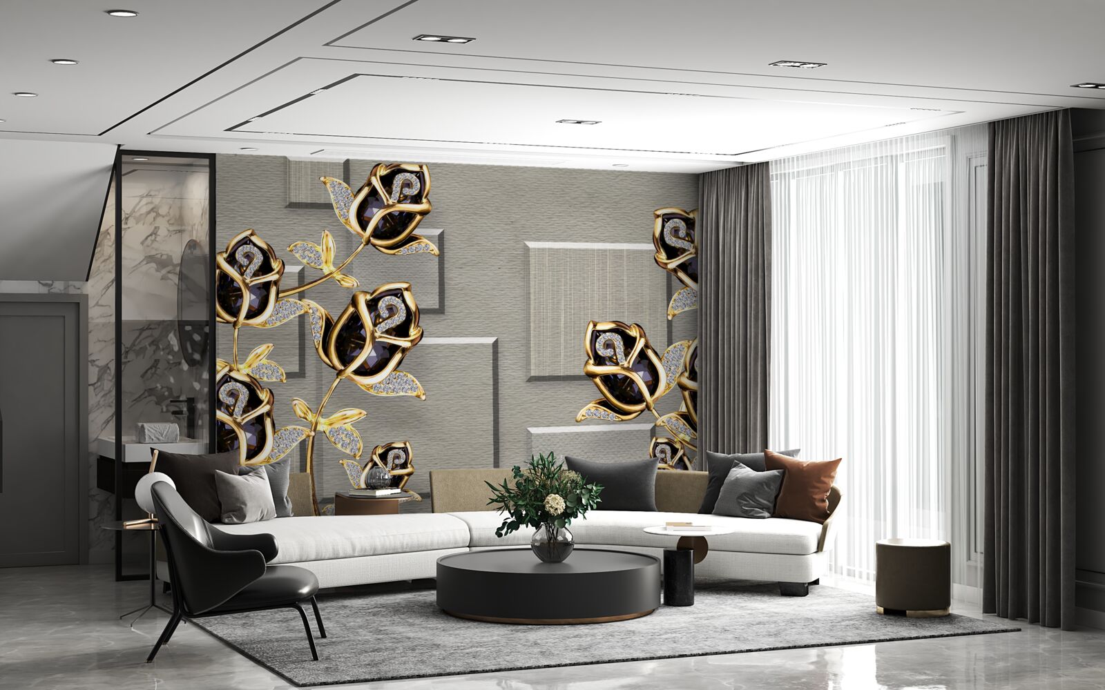 Fototapet trandafiri negri cu ramă aurie