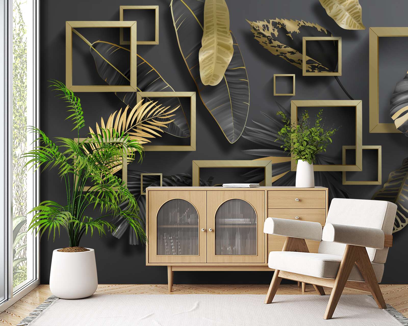 Fototapet încadrată în pene negre și aurii