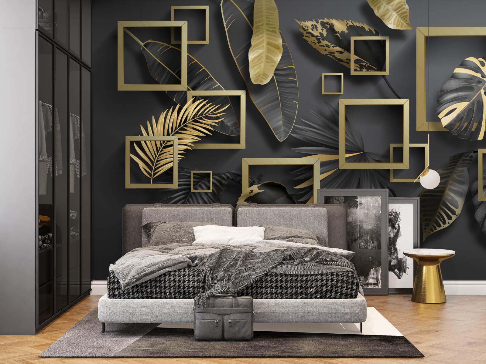 Fototapet încadrată în pene negre și aurii