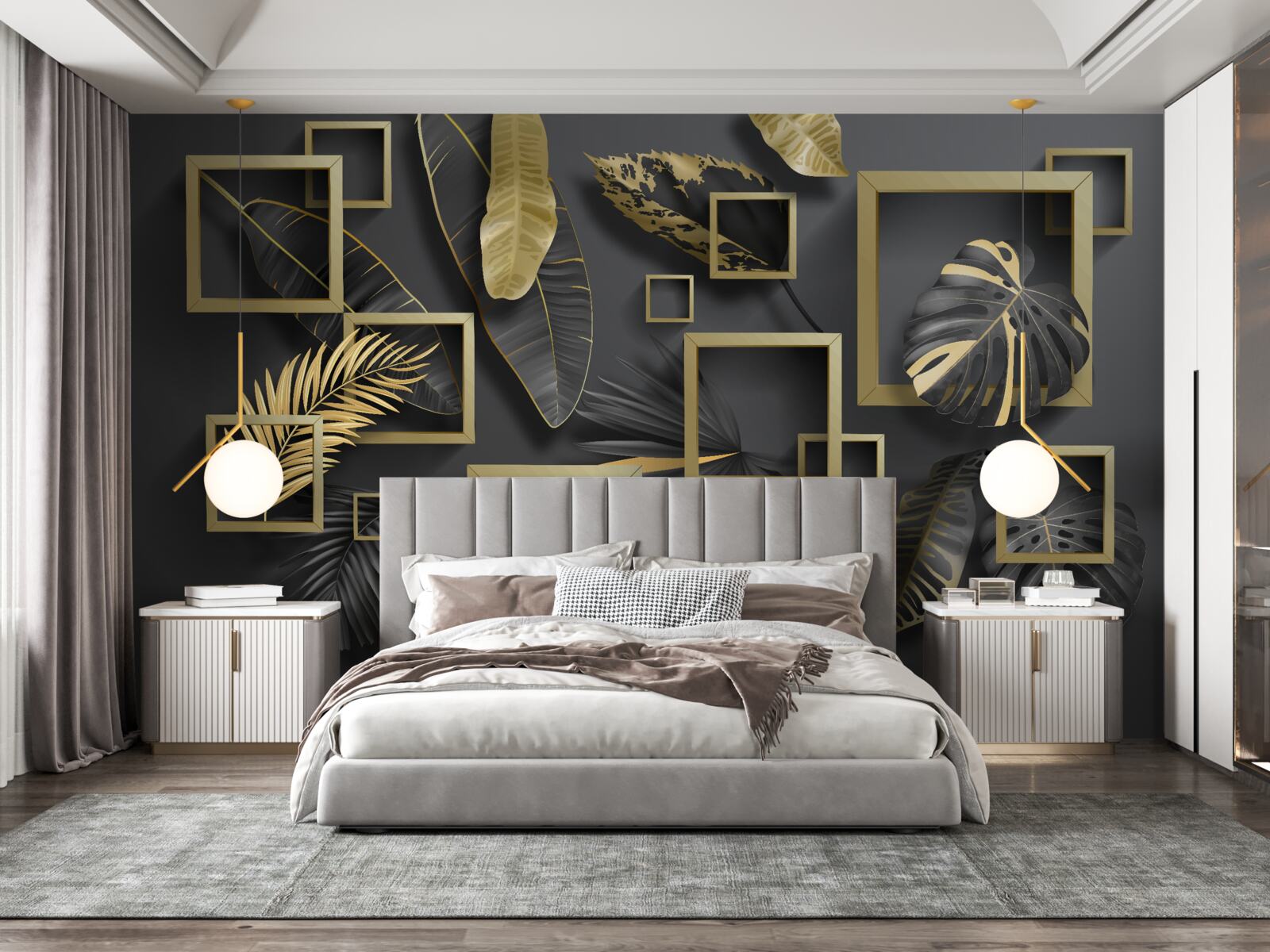 Fototapet încadrată în pene negre și aurii