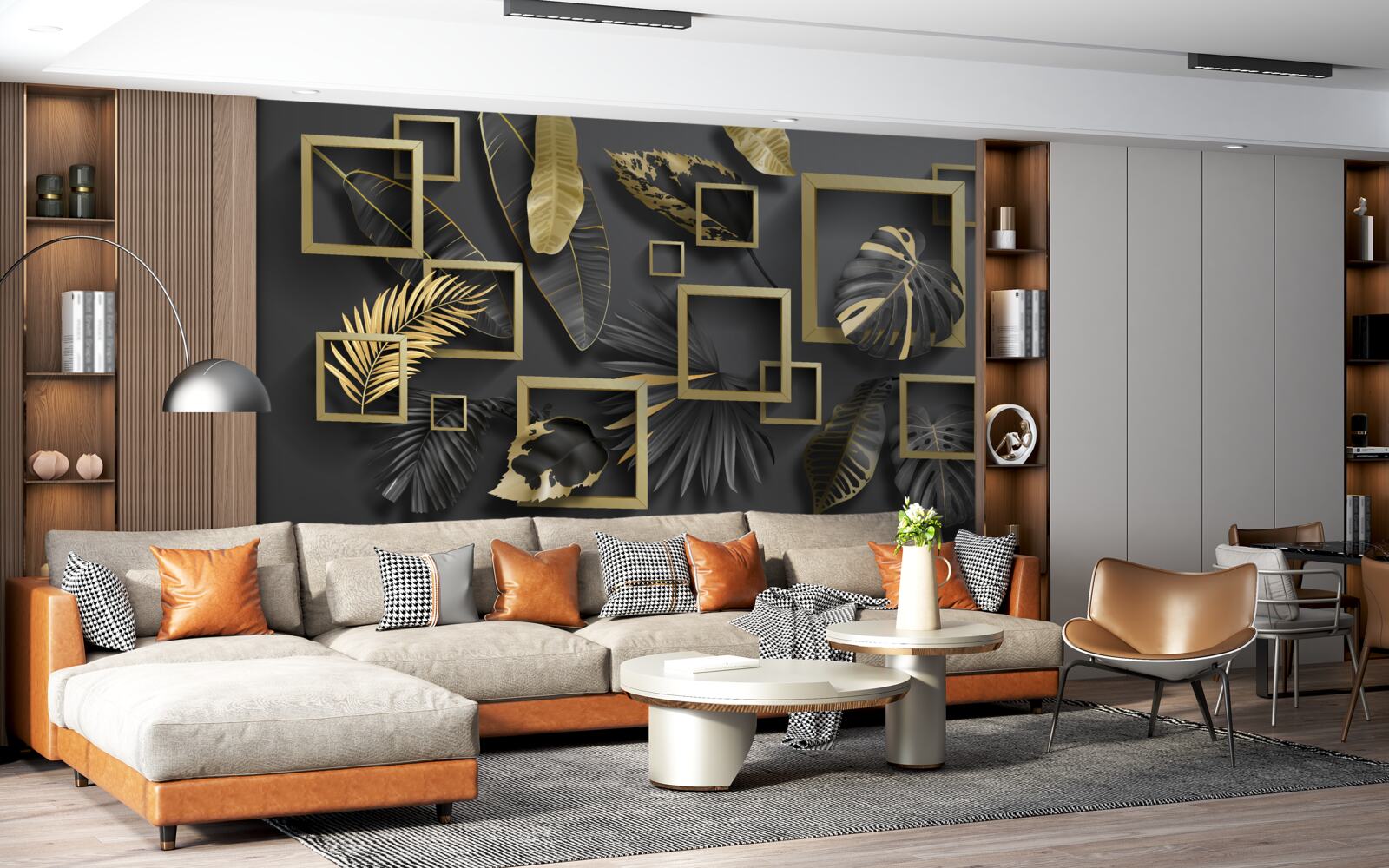 Fototapet încadrată în pene negre și aurii