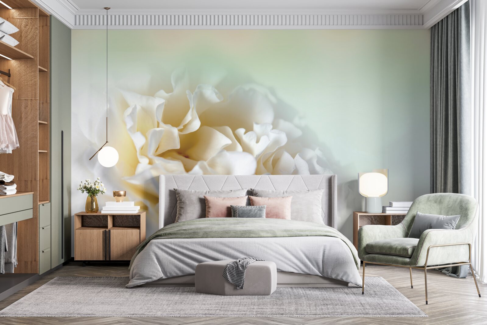 Fototapet fundal de bujori în tonuri cremoase și pufoase