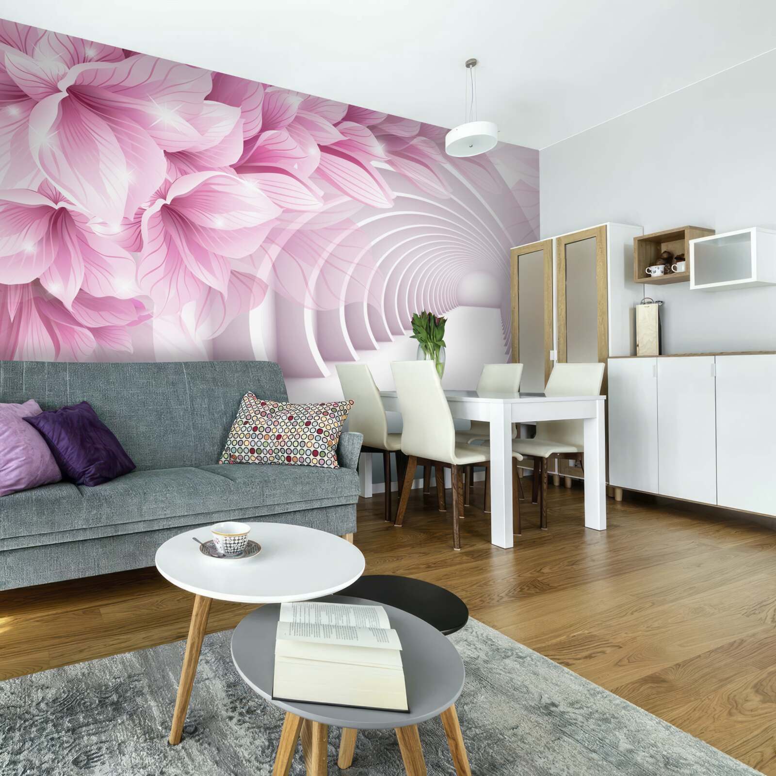 Fototapet flori roz și tunel abstract