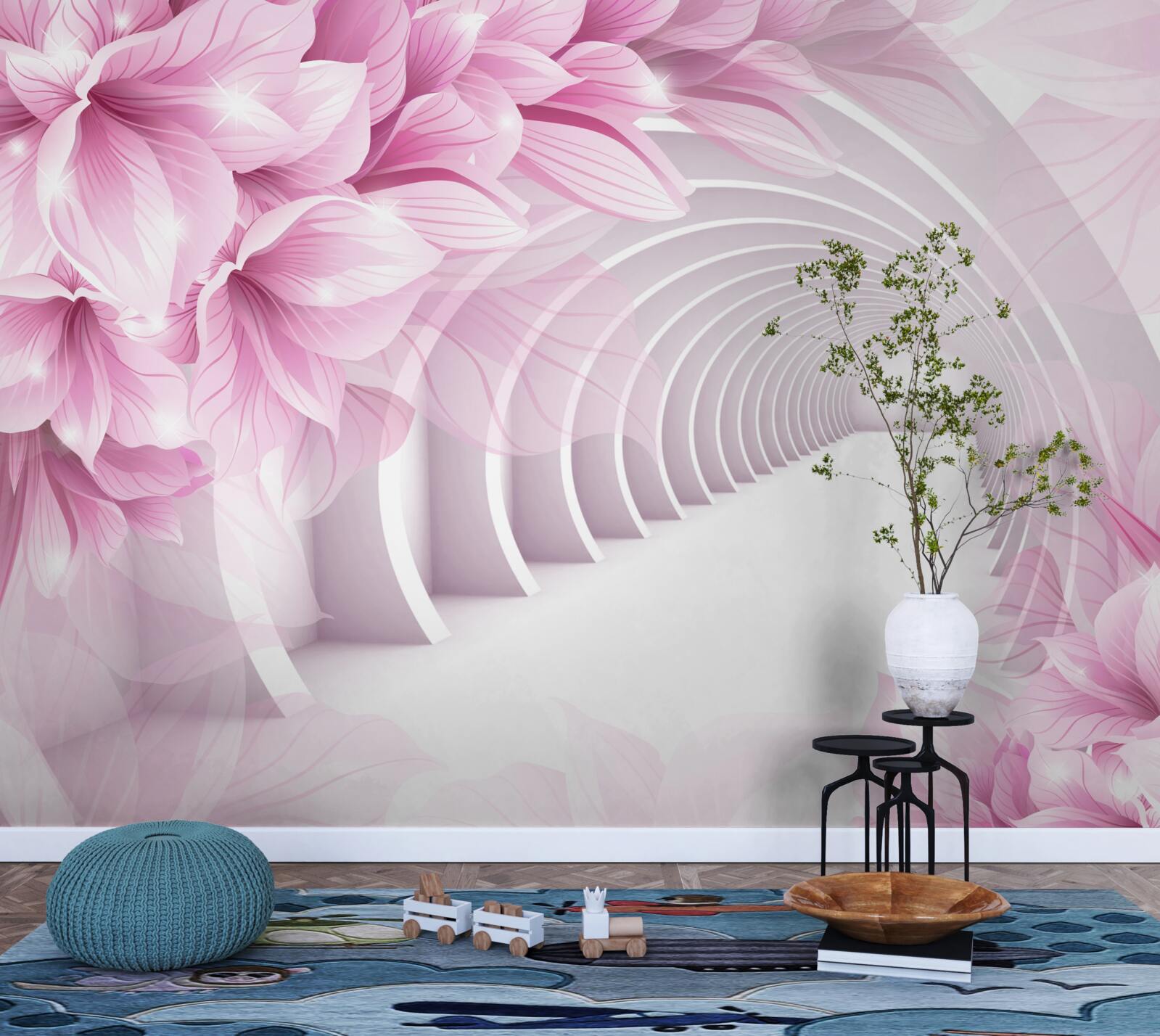 Fototapet flori roz și tunel abstract