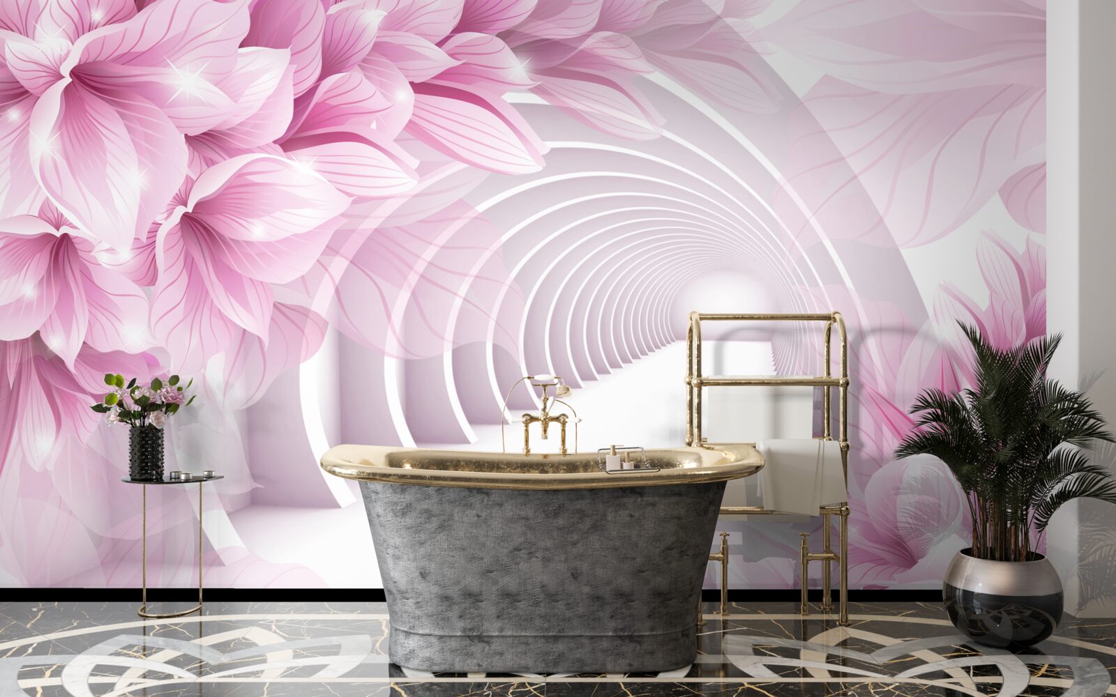 Fototapet flori roz și tunel abstract