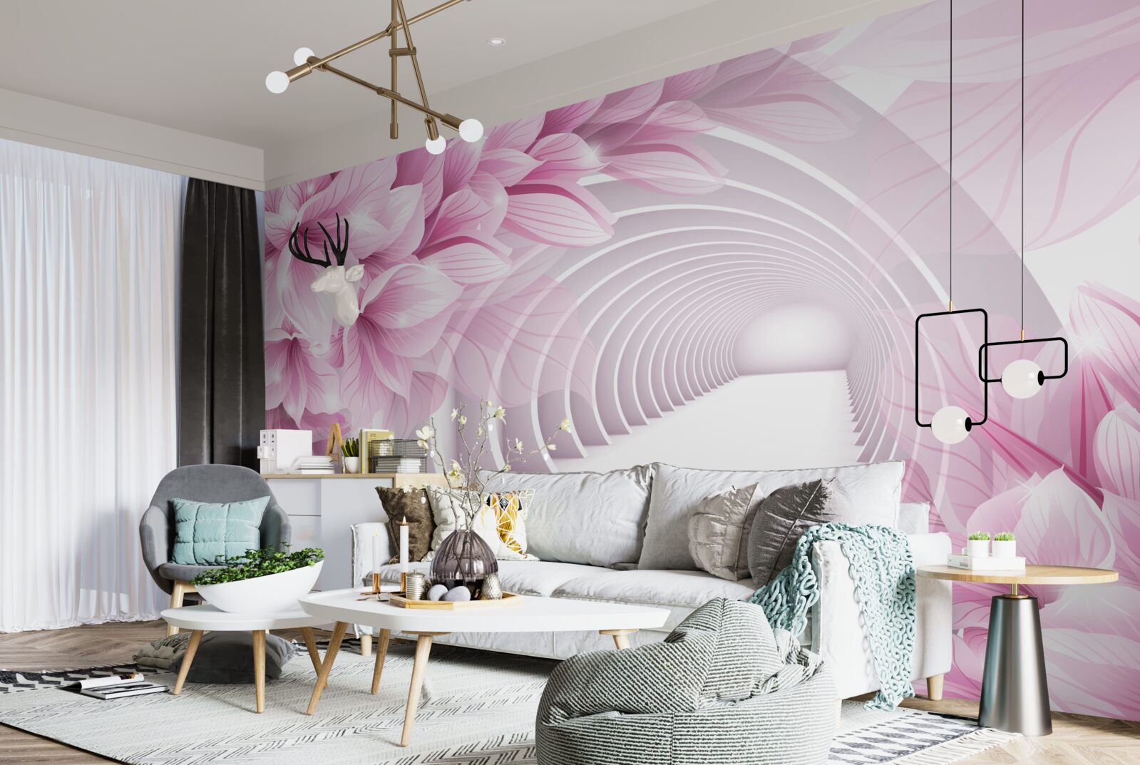 Fototapet flori roz și tunel abstract