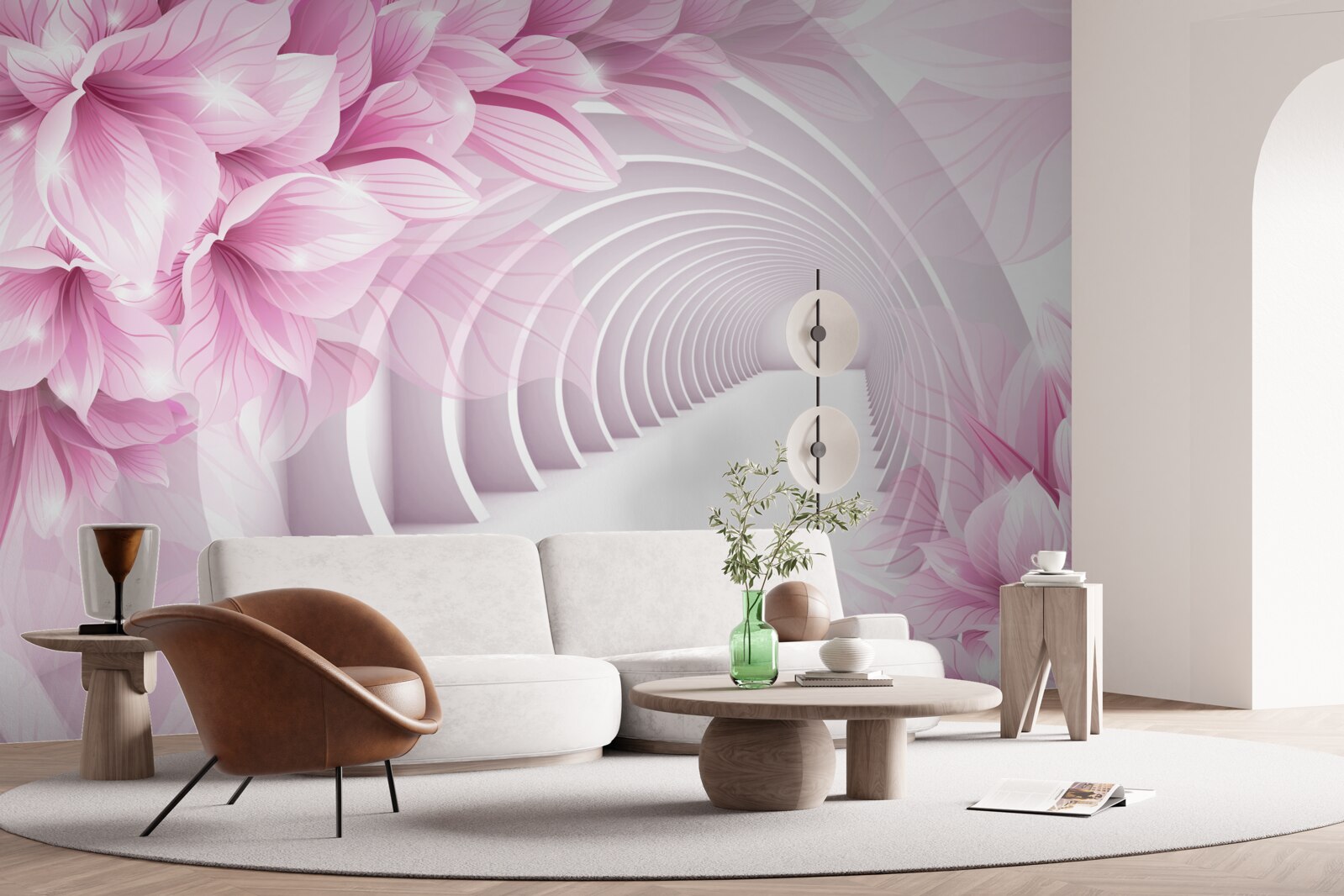 Fototapet flori roz și tunel abstract