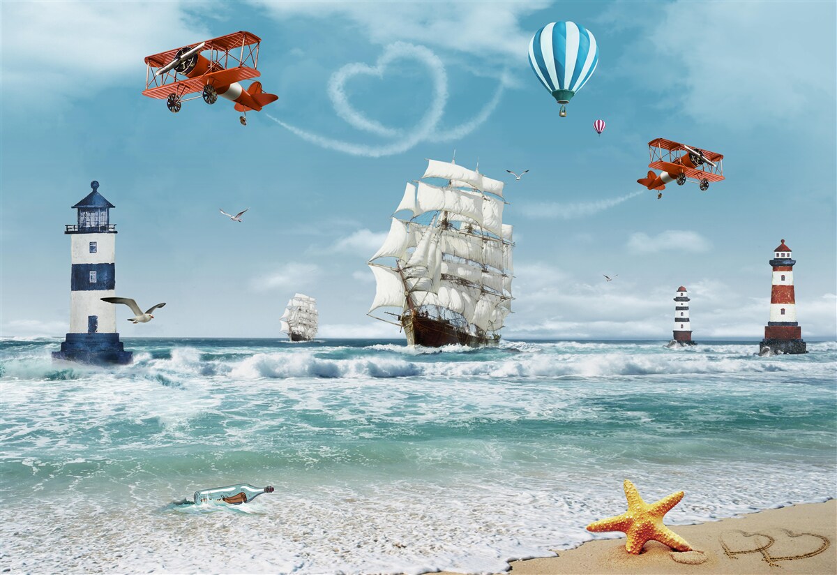 Fototapet aeronave și faruri în fundal, pe care se distinge brigantina