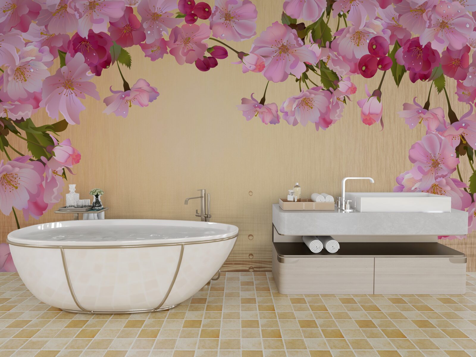 Fototapet apă sub flori roz luxuriante