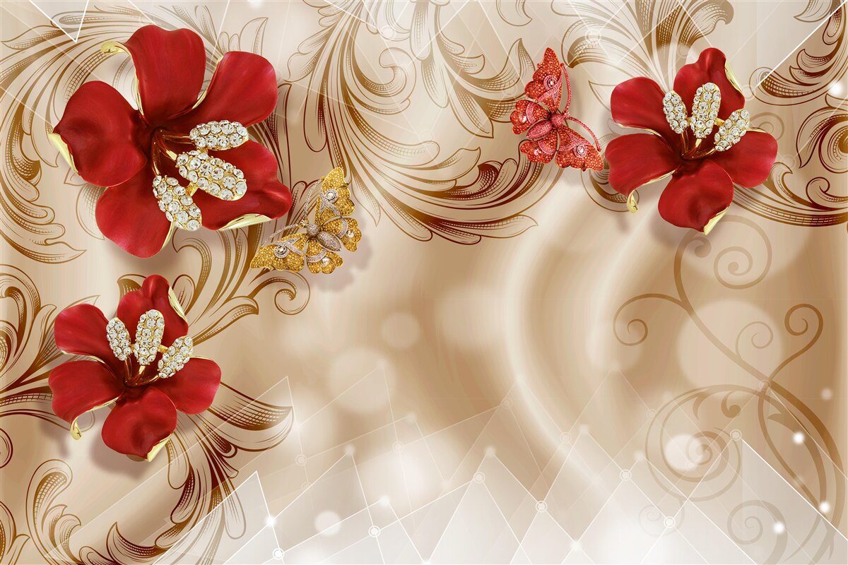 Fototapet ramuri aurii și crini roșii