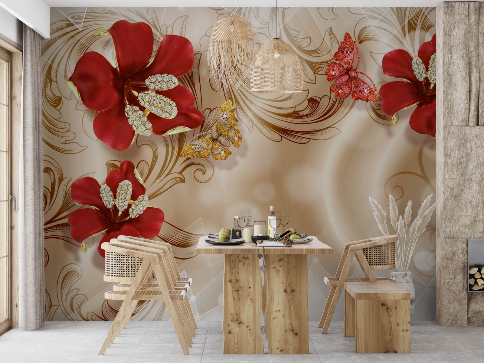 Fototapet ramuri aurii și crini roșii