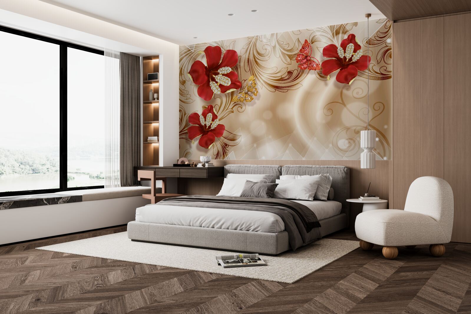 Fototapet ramuri aurii și crini roșii