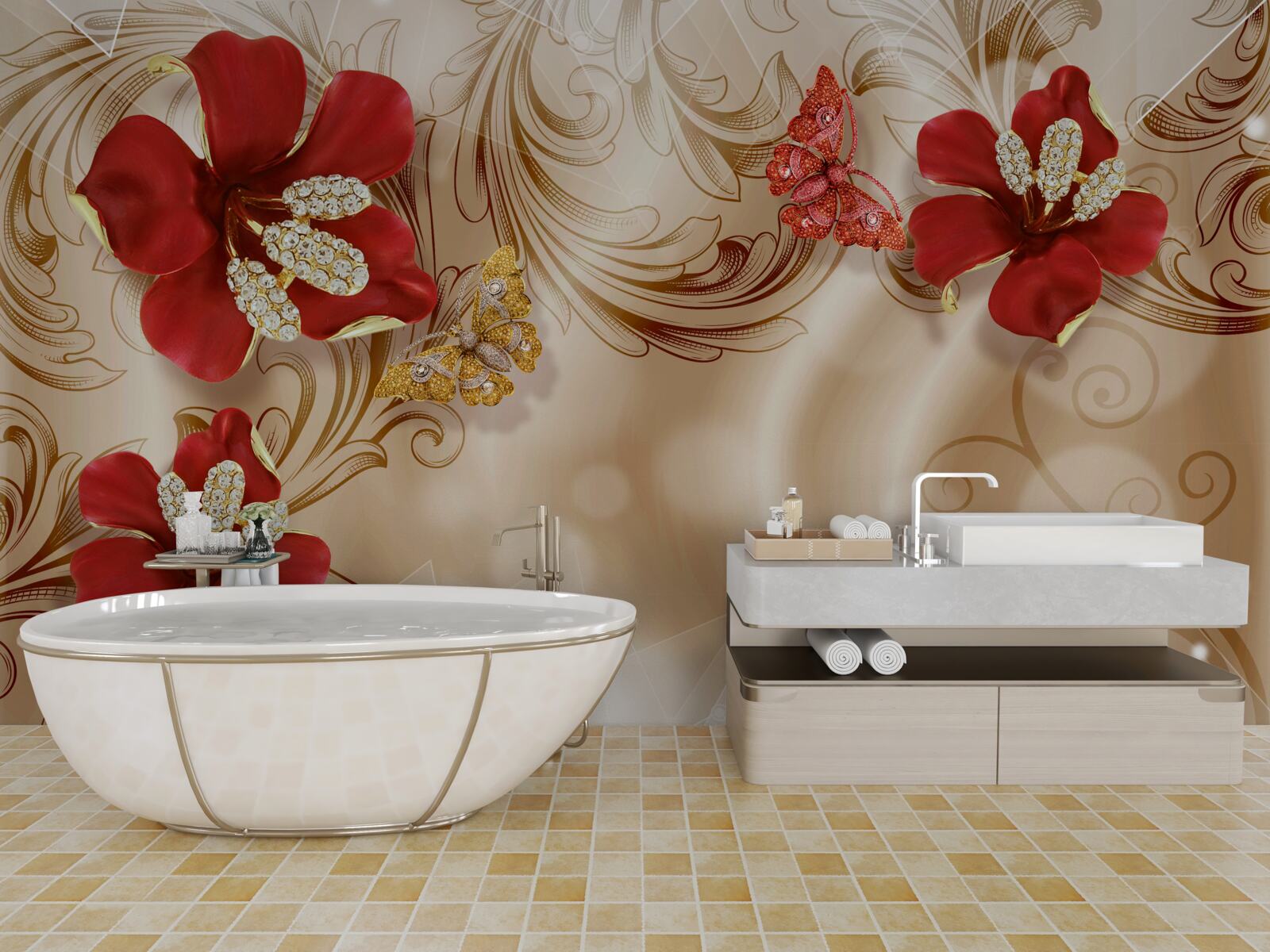 Fototapet ramuri aurii și crini roșii