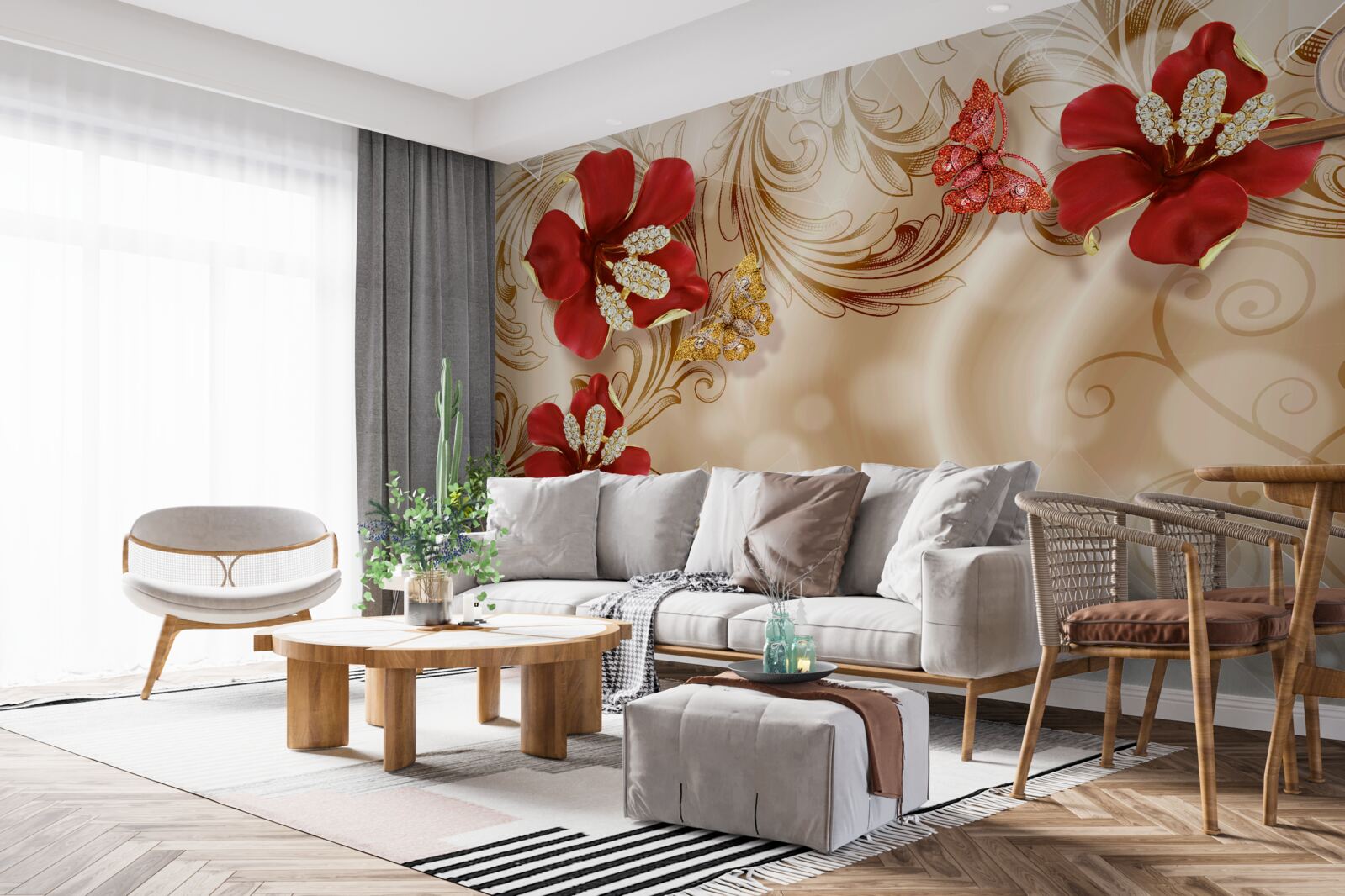 Fototapet ramuri aurii și crini roșii