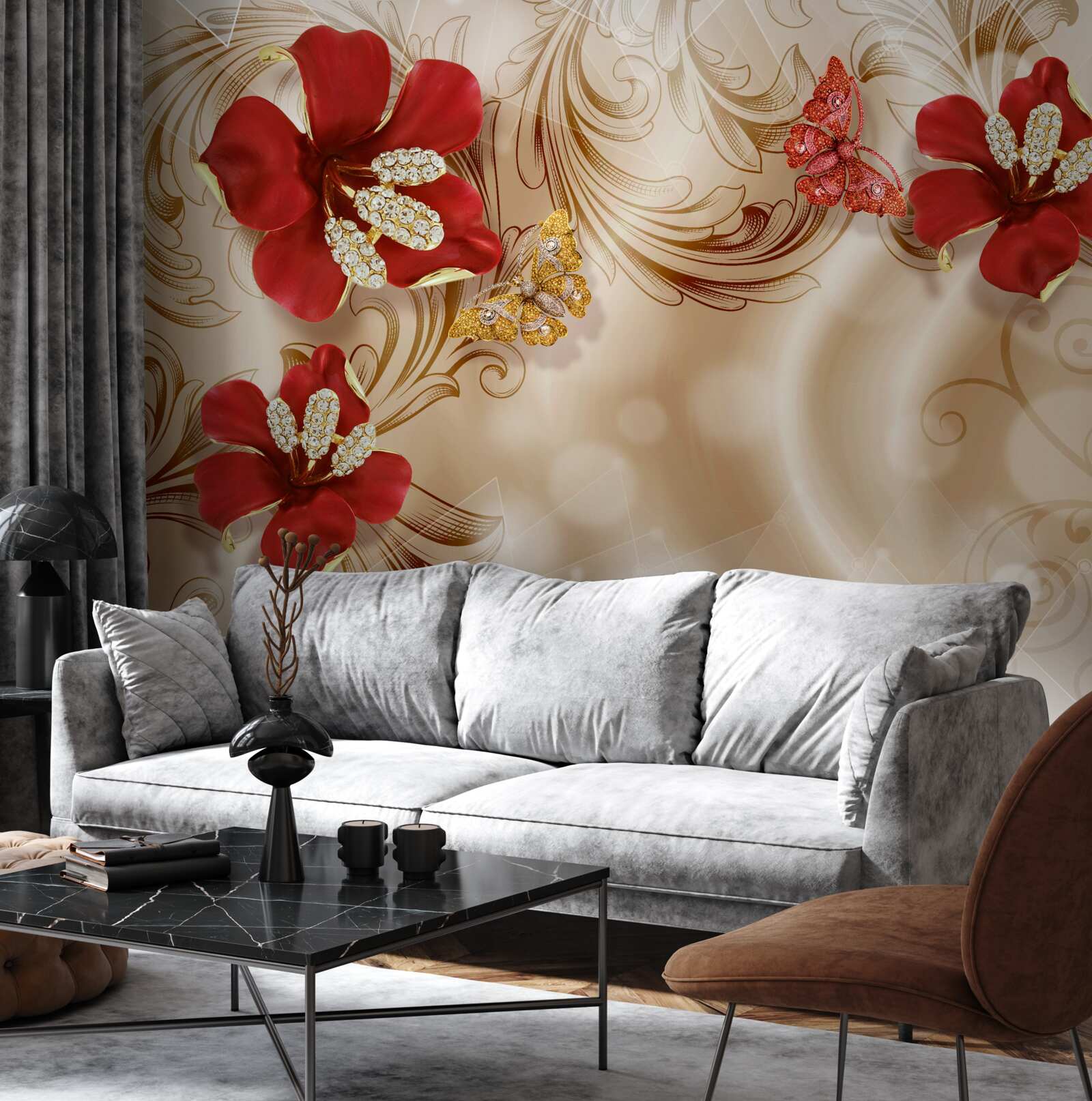 Fototapet ramuri aurii și crini roșii